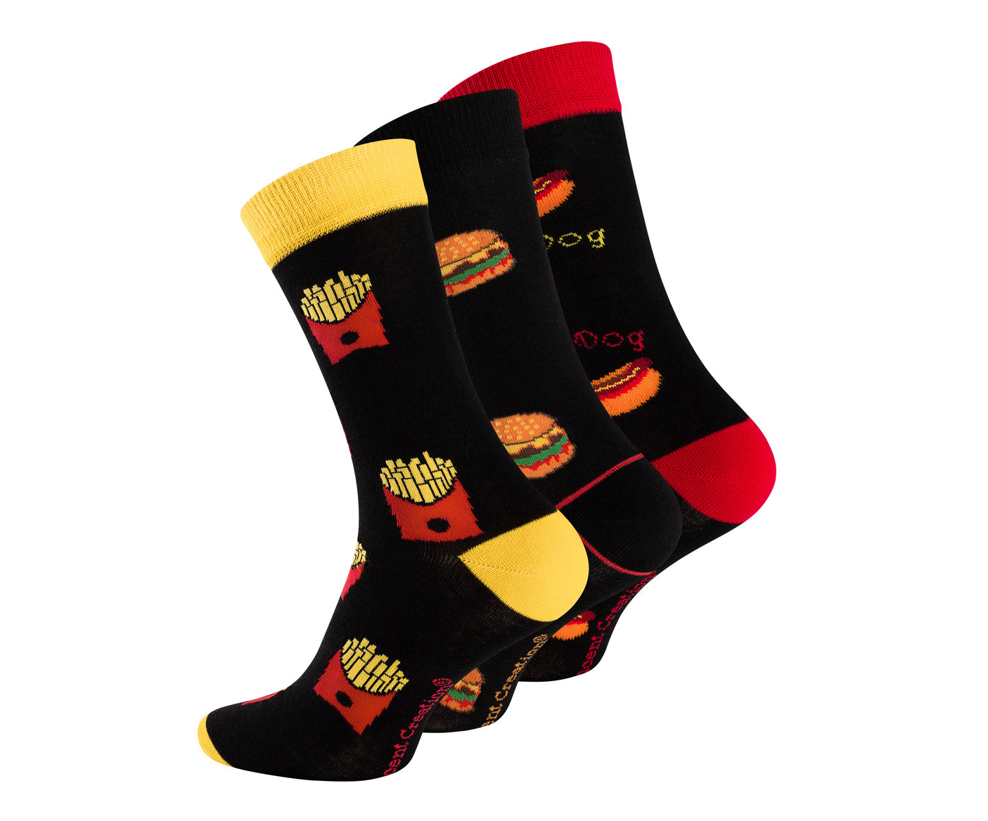 Bild von lustigen Fastfood-Socken, die verschiedene köstliche Symbole wie Burger, Pommes und Softdrinks abbilden – perfekte Accessoires für einen entspannten Tag mit einem Hauch von kulinarischem Spaß!