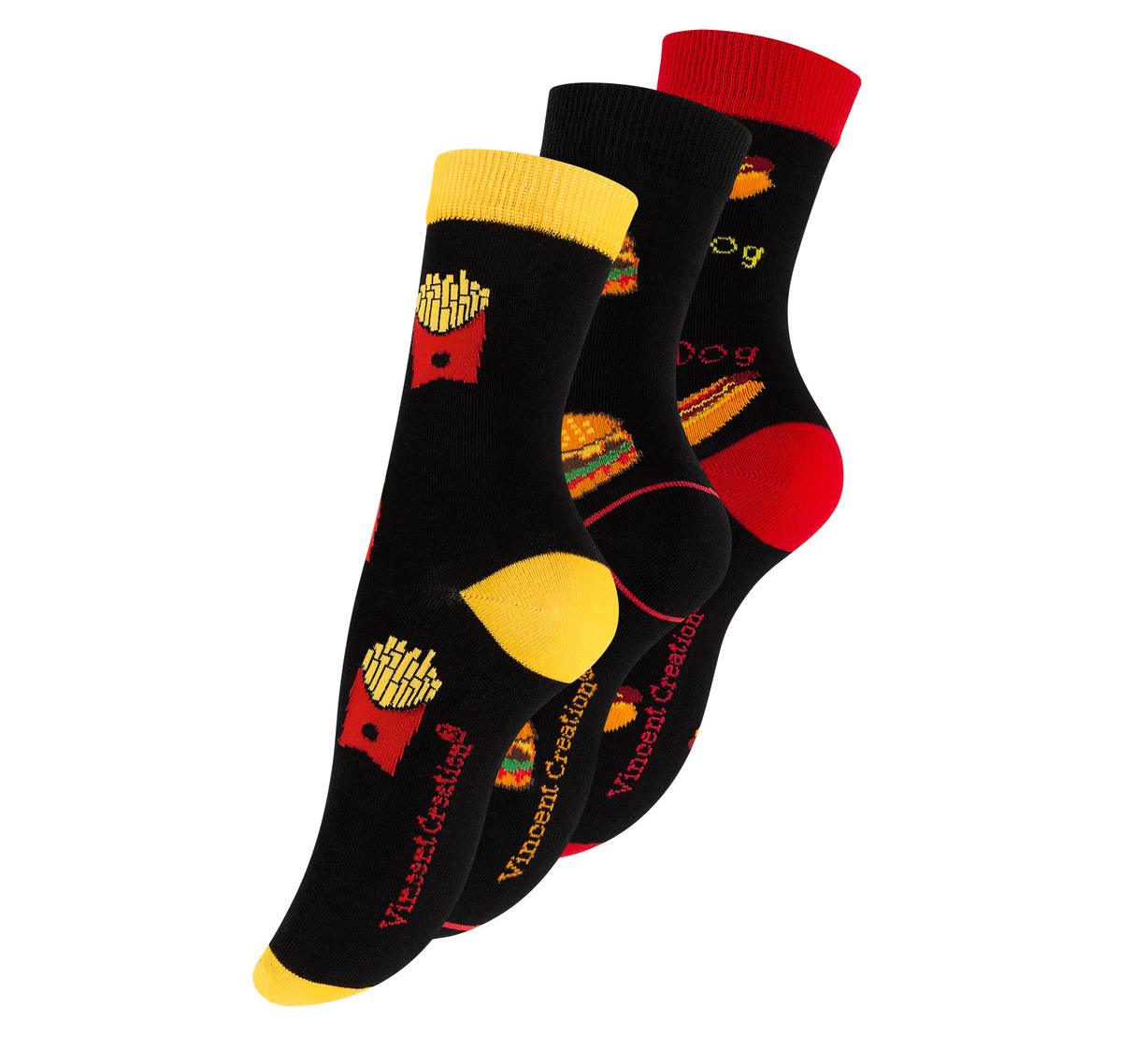 Bunte Fastfood-Socken, die mit appetitlichen Motiven wie Hotdogs, Pizza und Eis gestaltet sind – ein verspieltes und originelles Geschenk für alle, die gerne ihre Liebe zu Junk Food zeigen